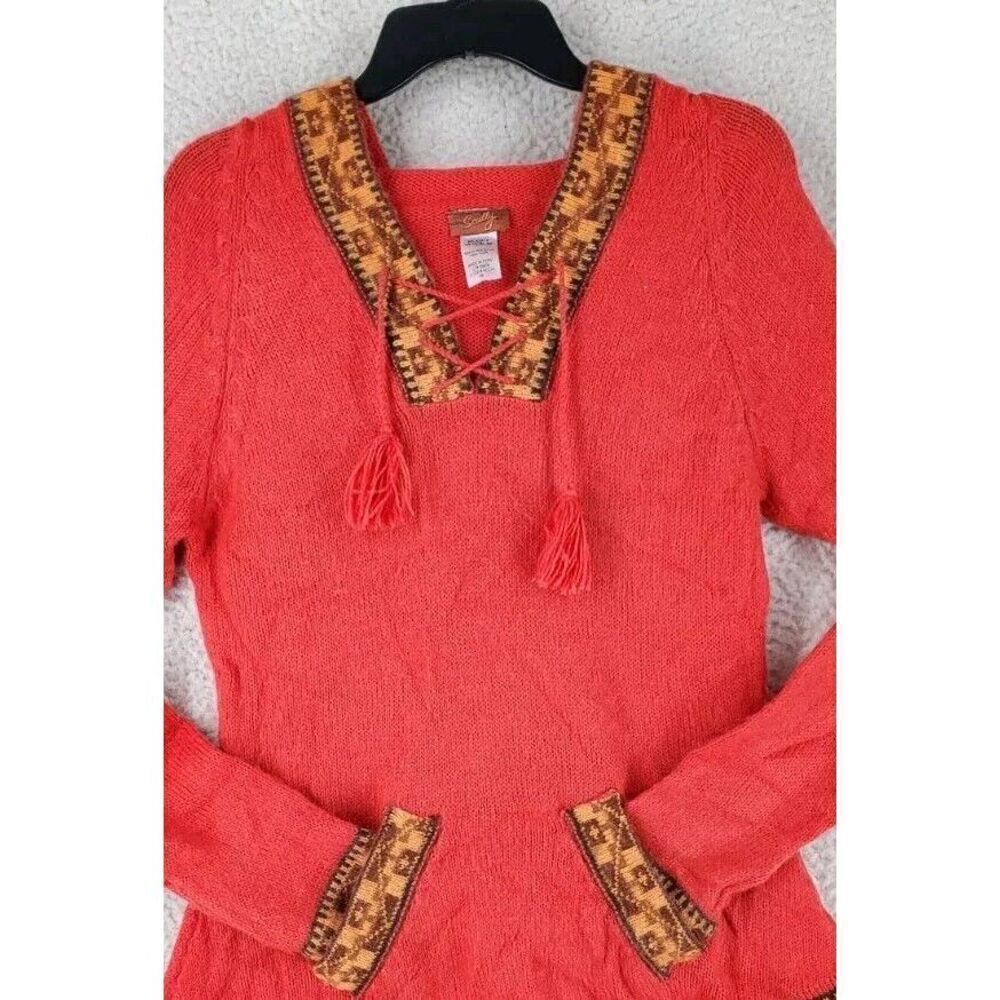 Scully Alpaca Blend Knit Sweater Womens M Orange Brown Hooded Aztec Fringe